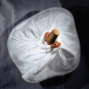 oil painting, whirling dervish in white, from above